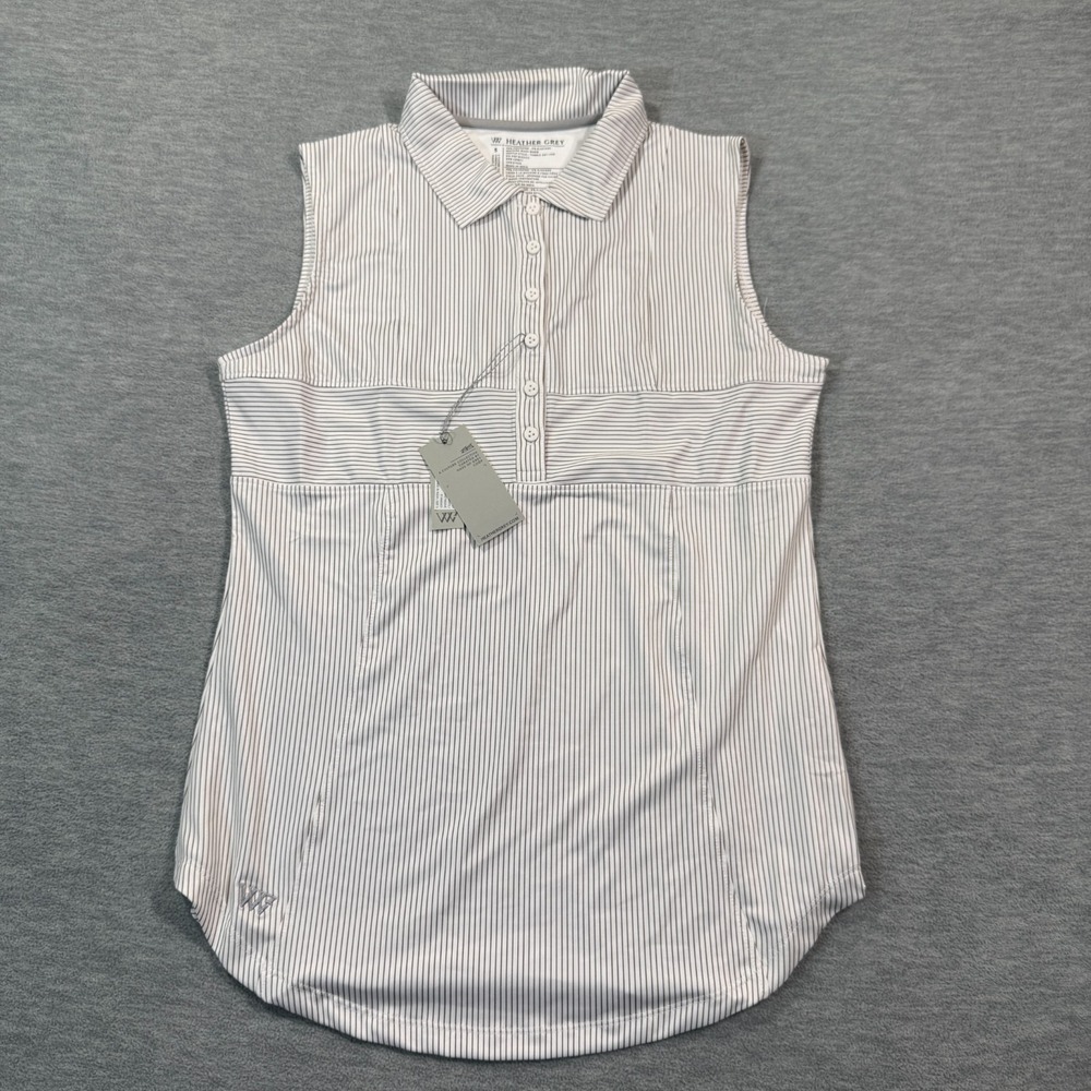 Heather Grey Top Women S White Gray Striped Sleeveless Collared Button‎ Shirt